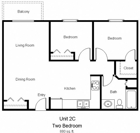 Floor plan for 2 beds, 1 bath, 880 sqft
